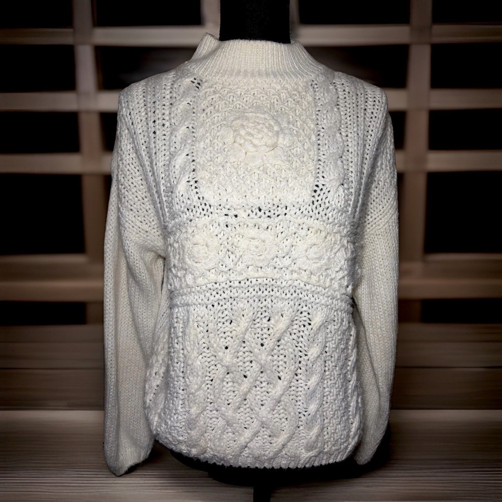 Vintage Needles & Yarn Women's M Ivory Cable Knit Floral Ramie Sweater Grandma